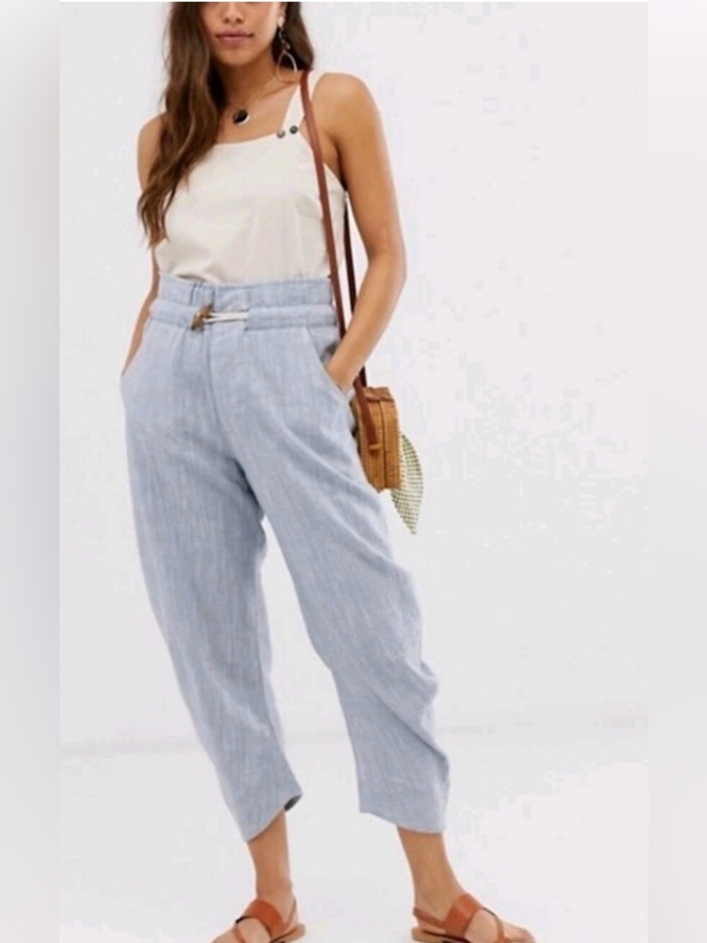 Free People Paradise Linen Blend Chambray Ankle/Crop Pants Size XS Coastal Beach - Picture 4 of 15